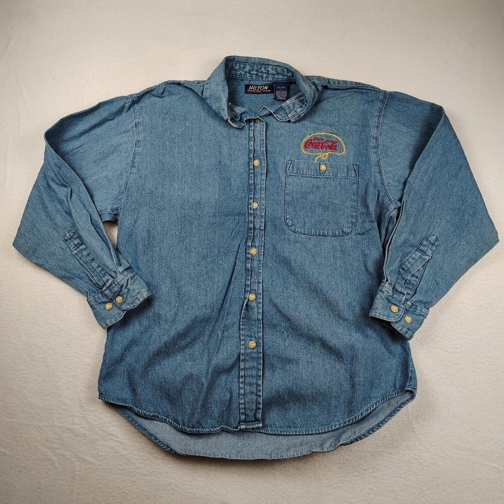 VTG Hilton Corporate Casuals Coca-Cola Shirt Womens sz L Cotton Denim